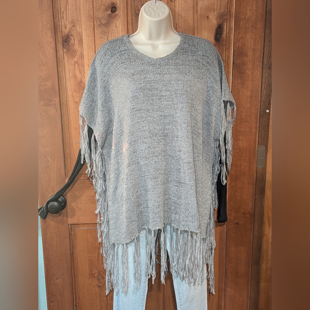 Maurices Gray Fringe Poncho Sweater